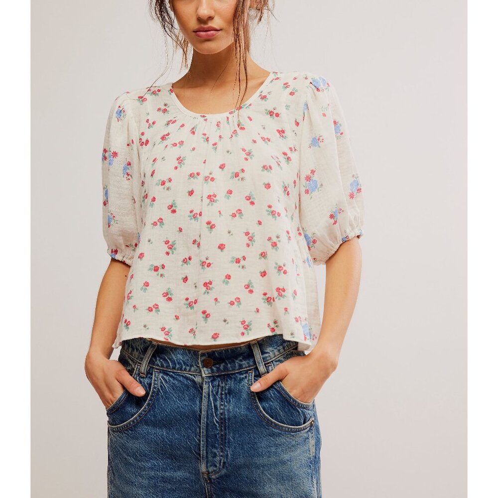 Free People Floral Blouse in Cream with Pink and Blue Accents